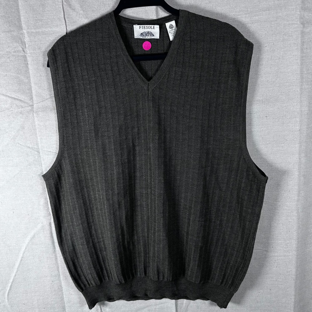 Fiesole Men's XL V-Neck Sweater Vest‎ Gray Fine Merino Wool Made in Italy Ribbed